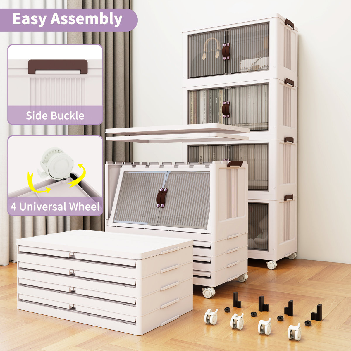 Storage Bins With Lids-Stackable Plastic Storage Bins on Wheels, Closet Organizers and Storage,Collapsible Storage Cabinet with Doors for Office Garage Kitchen Under Stairs,Larger 5Tier